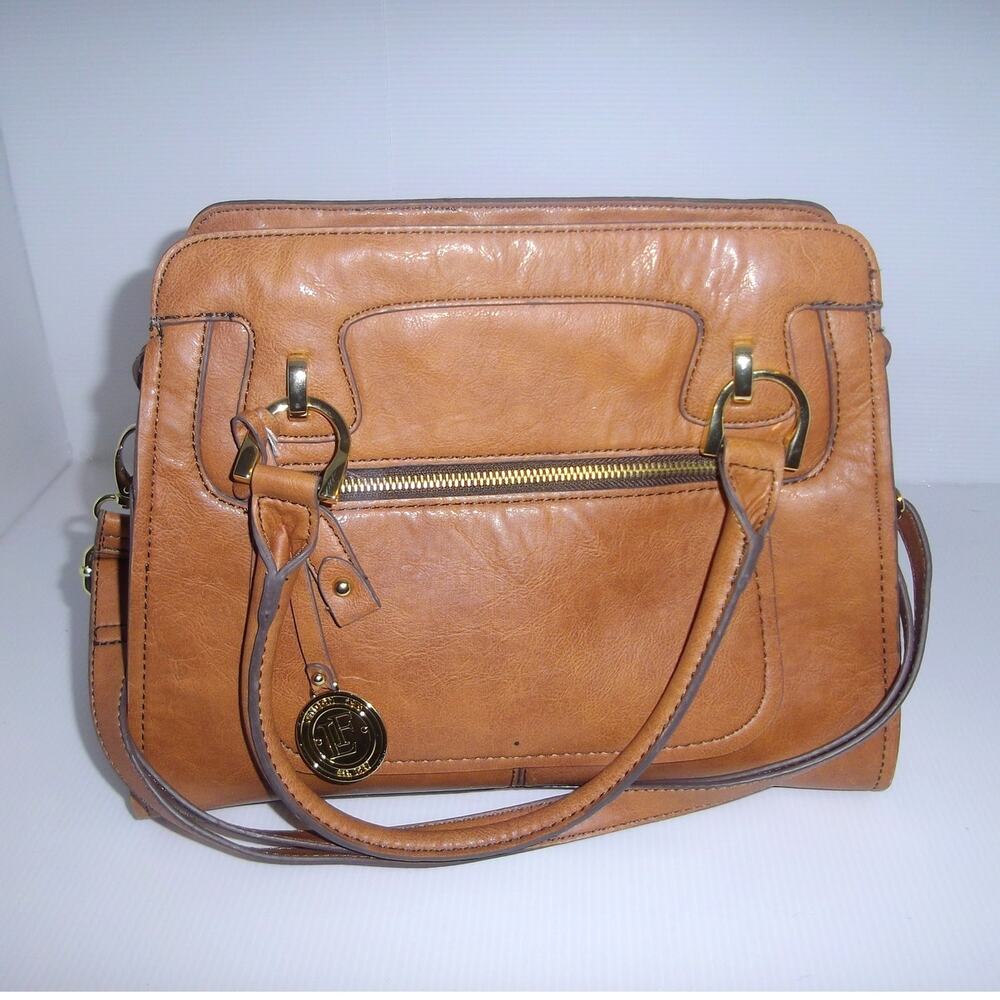 London Fog Brown Vegan Leather Satchel Handbag with Top & Shoulder Handles